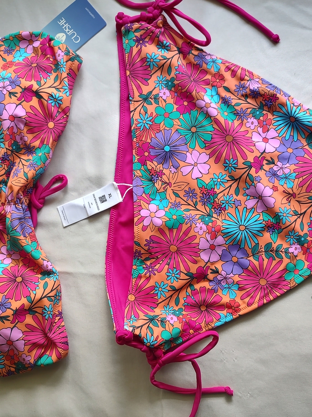 Cupshe Floral Tie-Side Bikini Set - Orange, Pink, Turquoise, Purple